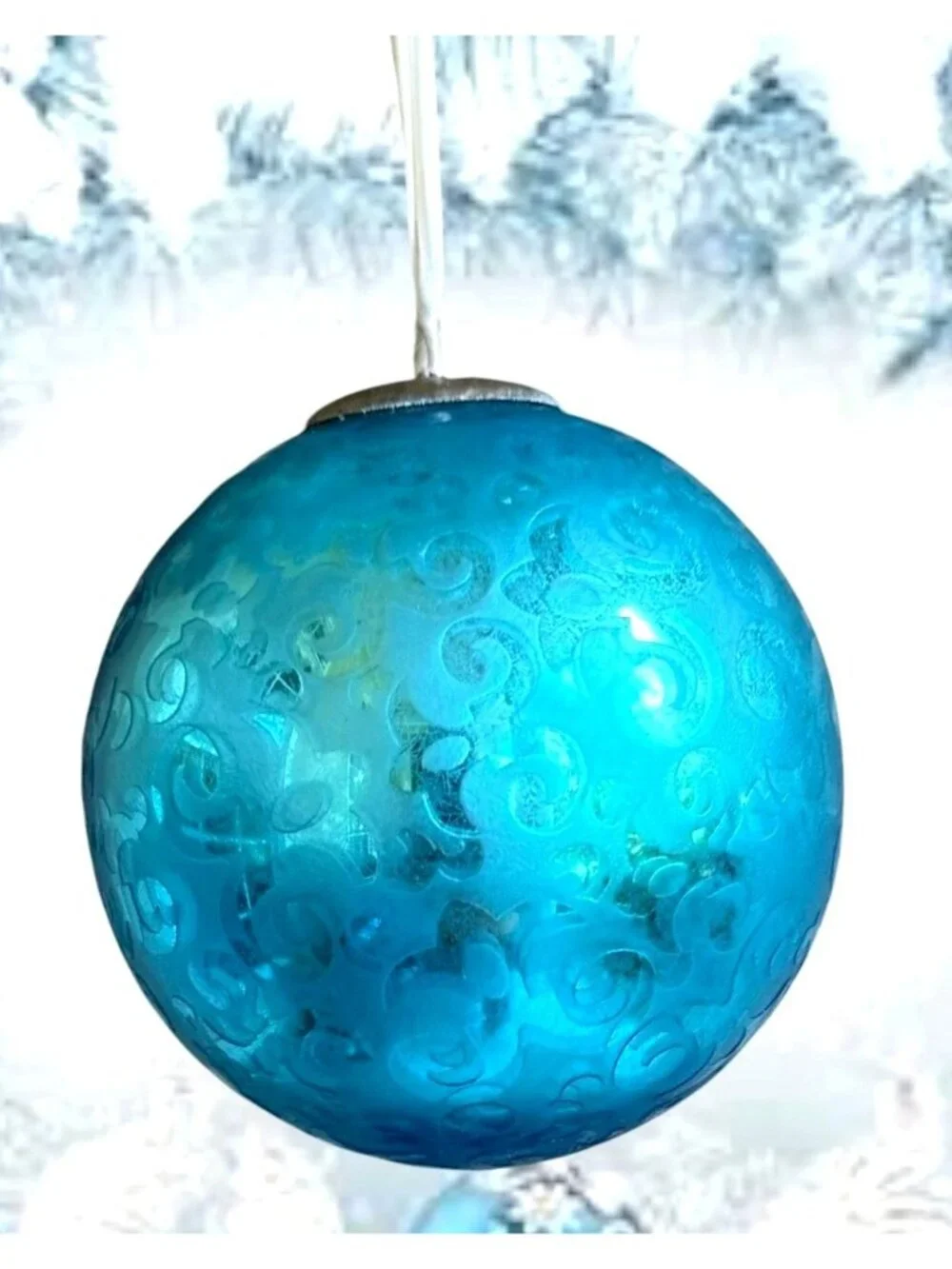 Vintage Large Aqua Blue Christmas Ornament Winter Snow Nostalgic White Ribbon